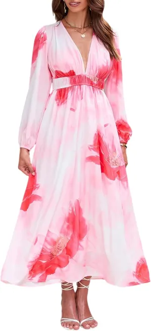Women's Long Sleeve Boho Maxi Dress Floral Print Long Dress Pink Print