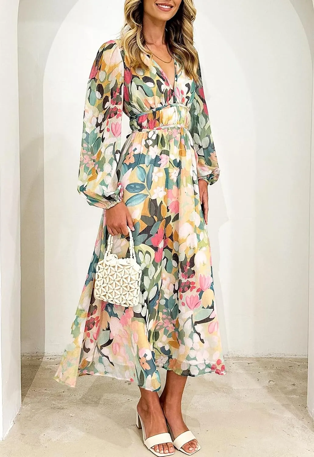 Women's Long Sleeve Boho Maxi Dress Floral Print Long Dress Pink Print