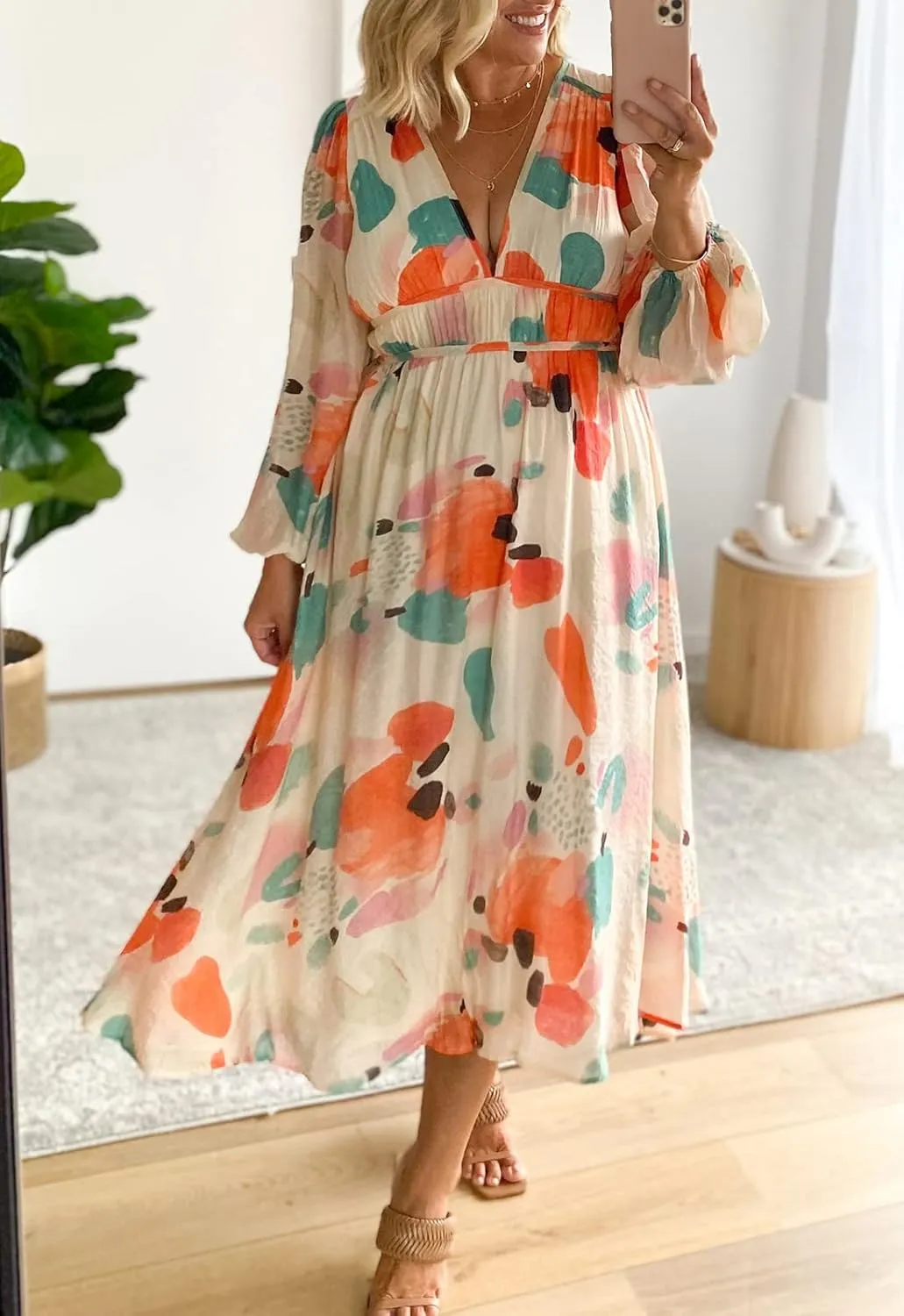 Women's Long Sleeve Boho Maxi Dress Floral Print Long Dress Pink Print