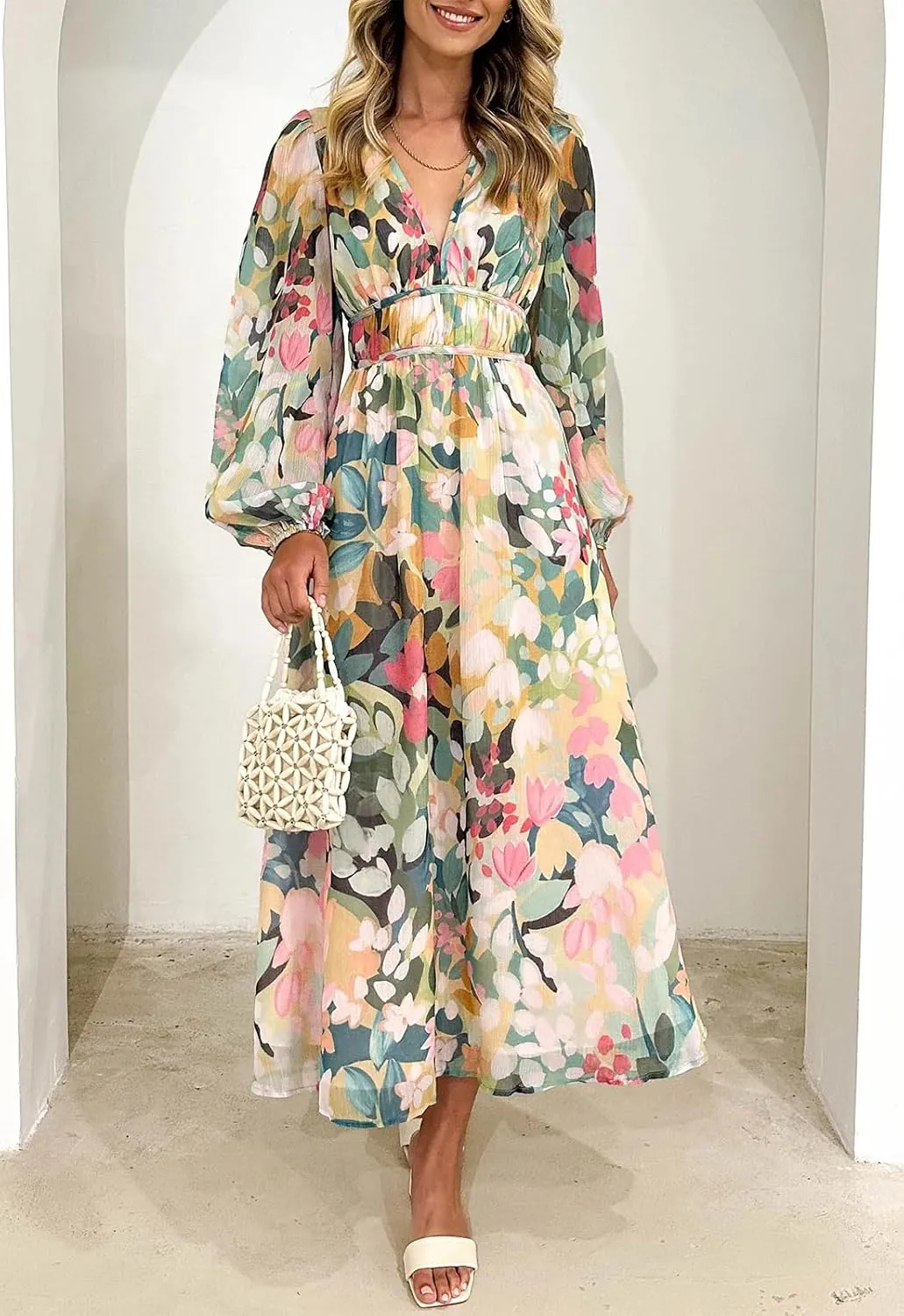 Women's Long Sleeve Boho Maxi Dress Floral Print Long Dress Pink Print