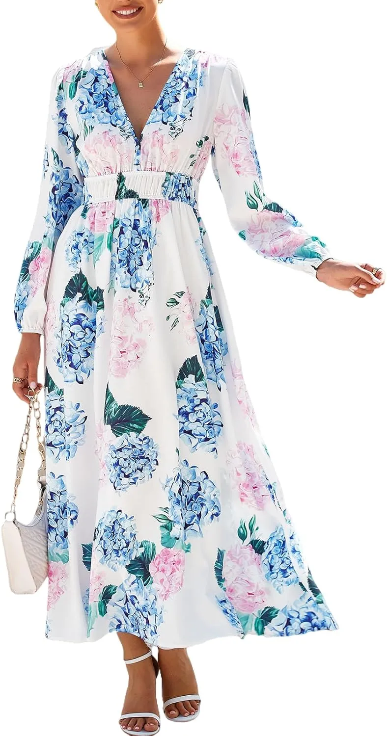 Women's Long Sleeve Boho Maxi Dress Floral Print Long Dress Pink Print