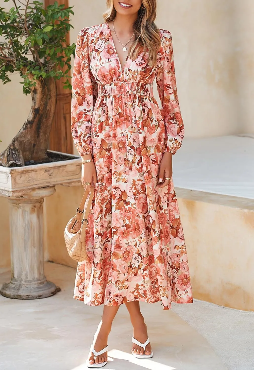 Women's Long Sleeve Boho Maxi Dress Floral Print Long Dress Pink Print