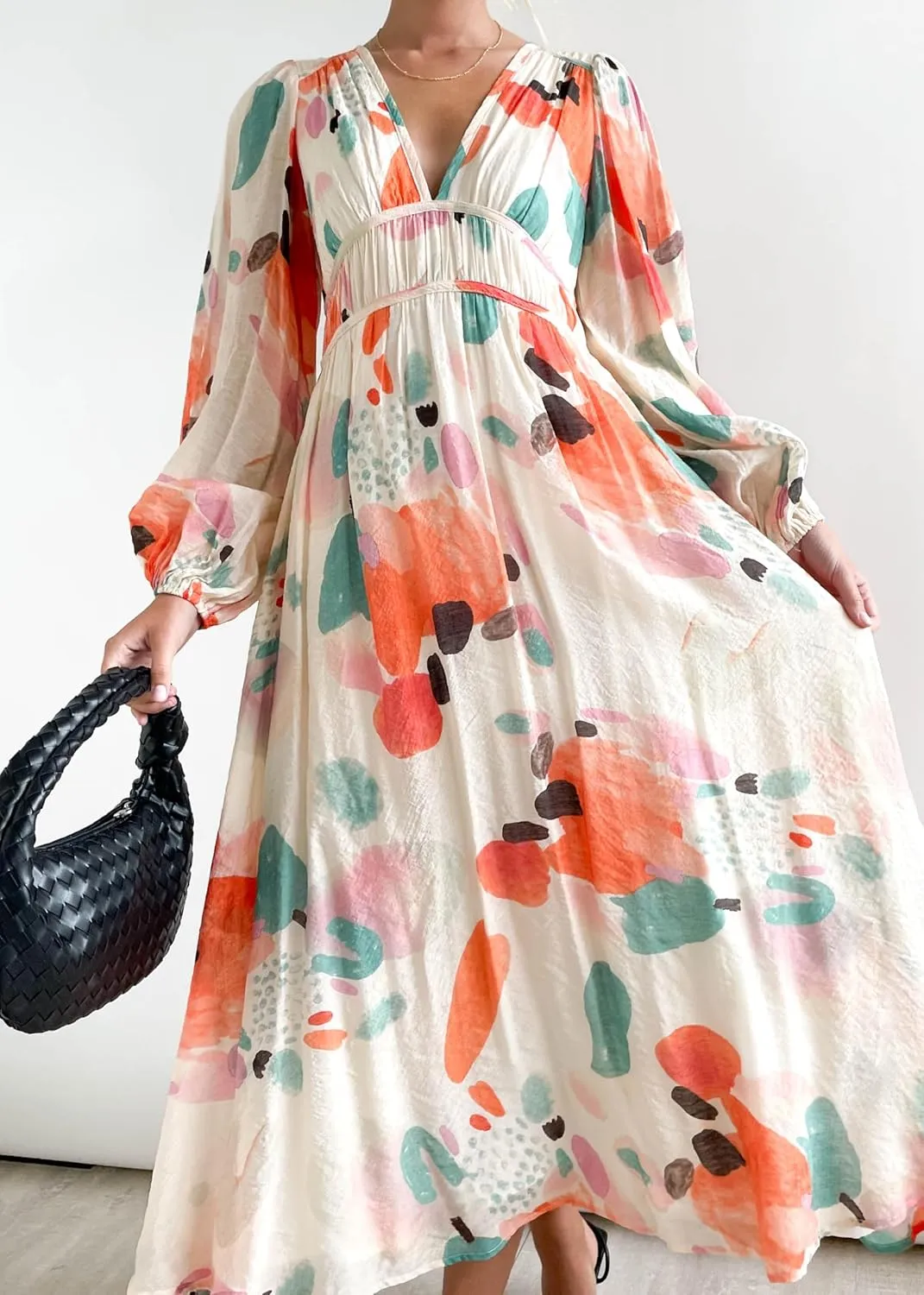 Women's Long Sleeve Boho Maxi Dress Floral Print Long Dress Pink Print
