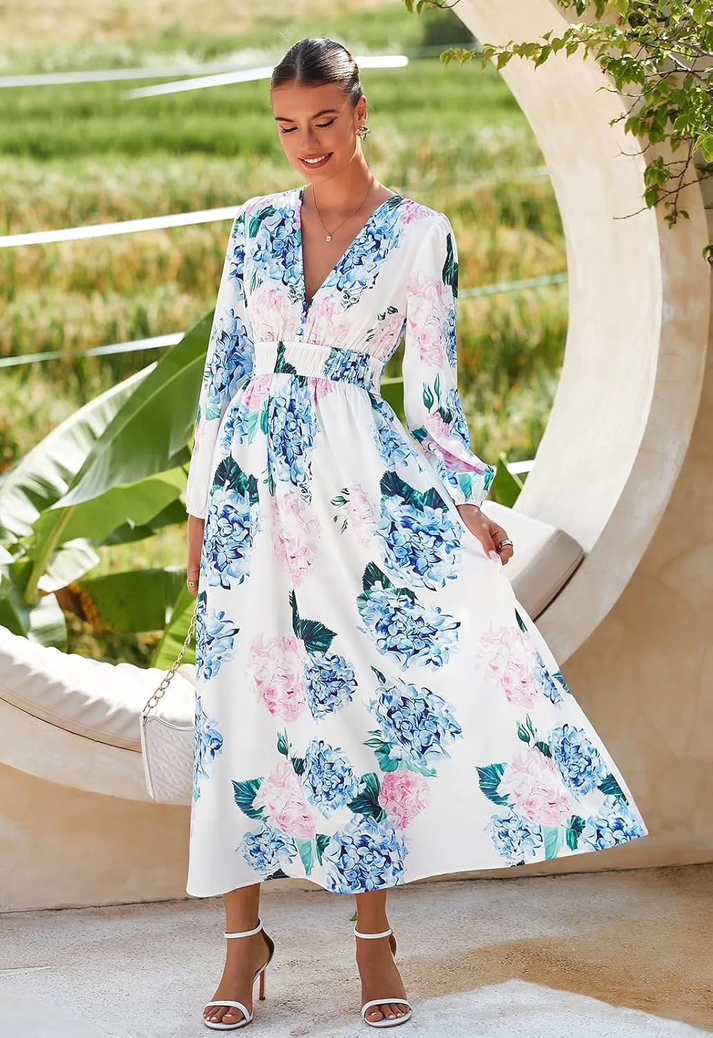 Women's Long Sleeve Boho Maxi Dress Floral Print Long Dress Pink Print
