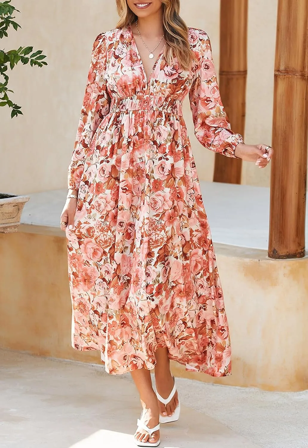 Women's Long Sleeve Boho Maxi Dress Floral Print Long Dress Pink Print