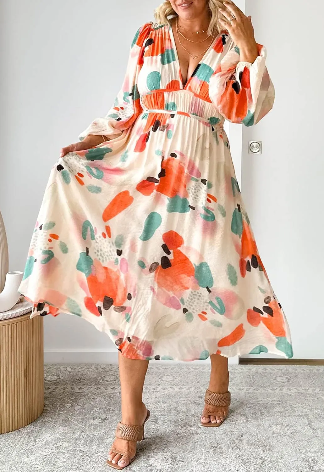 Women's Long Sleeve Boho Maxi Dress Floral Print Long Dress Pink Print