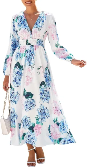Women's Long Sleeve Boho Maxi Dress Floral Print Long Dress Pink Print