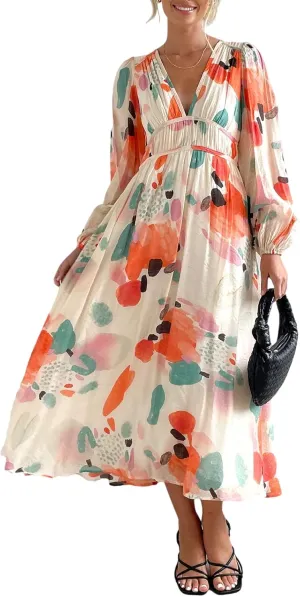 Women's Long Sleeve Boho Maxi Dress Floral Print Long Dress Pink Print