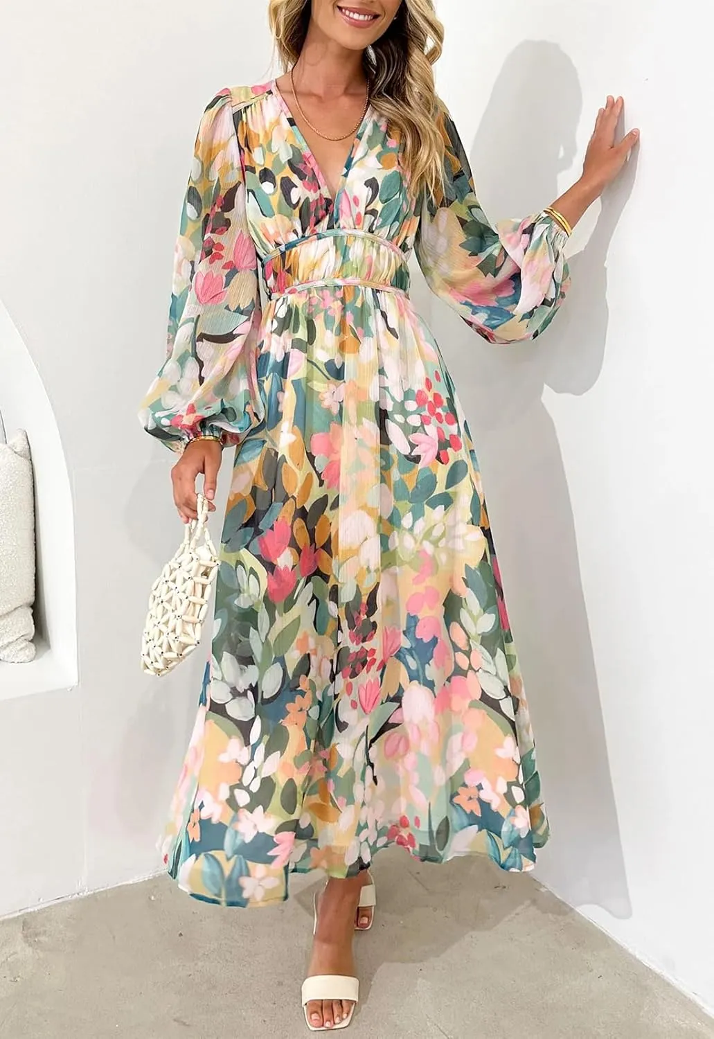 Women's Long Sleeve Boho Maxi Dress Floral Print Long Dress Pink Print