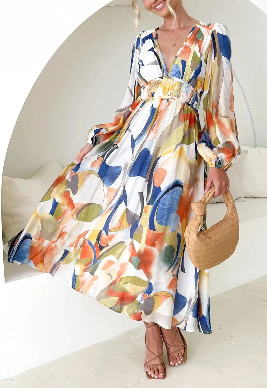 Women's Long Sleeve Boho Maxi Dress Floral Print Long Dress Pink Print