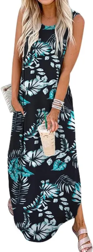 Women's Loose Sundress Long Dress Sleeveless Split Maxi Dresses 2025 Summer Beach Dress with Pockets