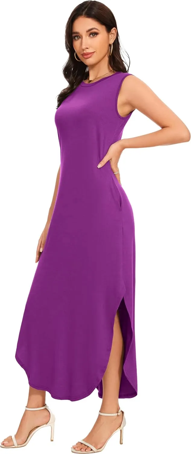 Women's Loose Sundress Long Dress Sleeveless Split Maxi Dresses 2025 Summer Beach Dress with Pockets