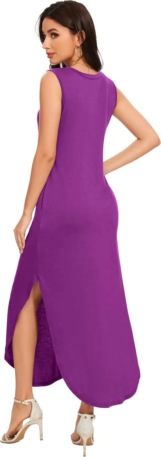 Women's Loose Sundress Long Dress Sleeveless Split Maxi Dresses 2025 Summer Beach Dress with Pockets