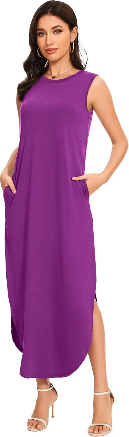 Women's Loose Sundress Long Dress Sleeveless Split Maxi Dresses 2025 Summer Beach Dress with Pockets