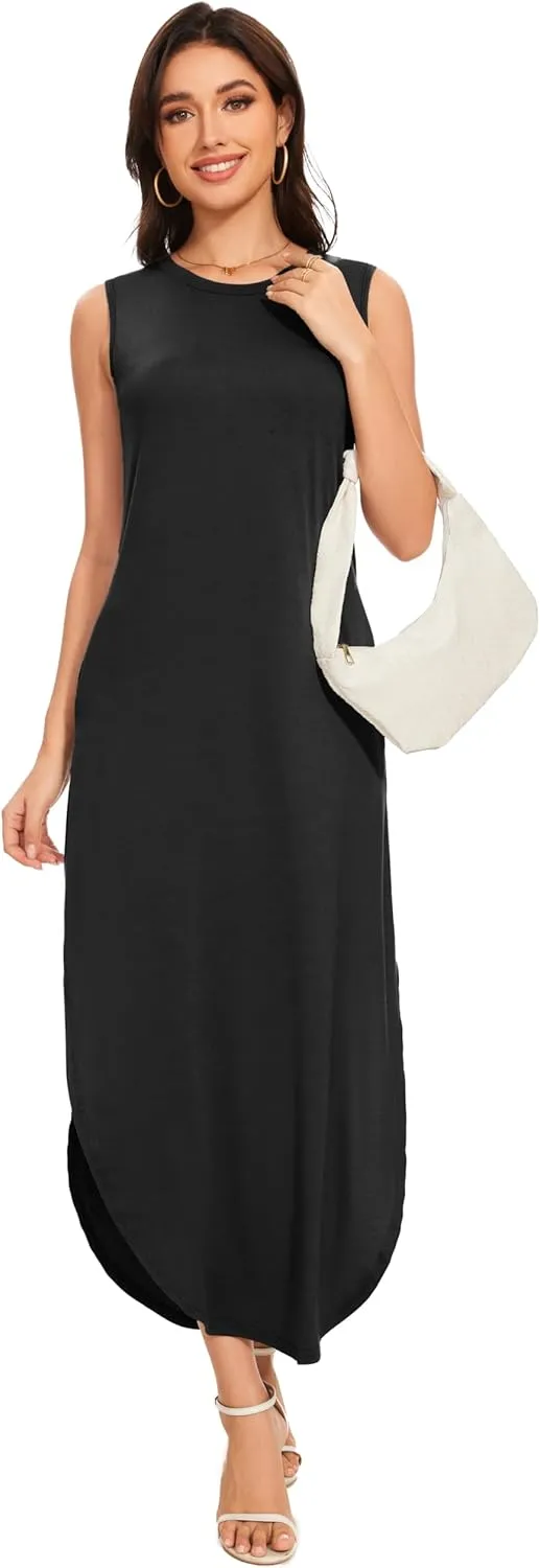 Women's Loose Sundress Long Dress Sleeveless Split Maxi Dresses 2025 Summer Beach Dress with Pockets