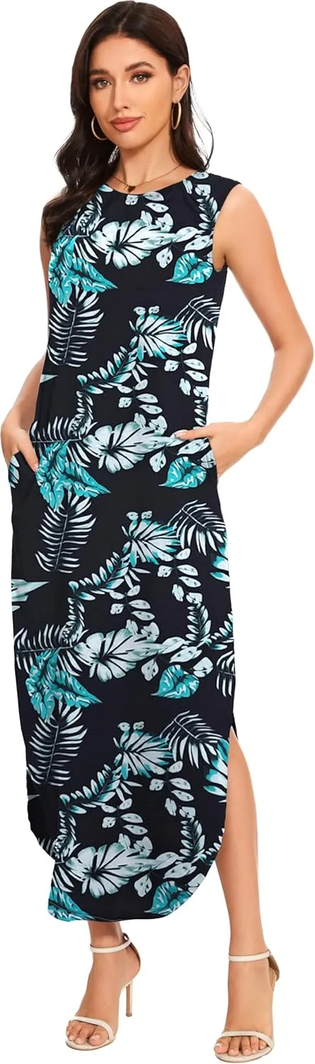 Women's Loose Sundress Long Dress Sleeveless Split Maxi Dresses 2025 Summer Beach Dress with Pockets