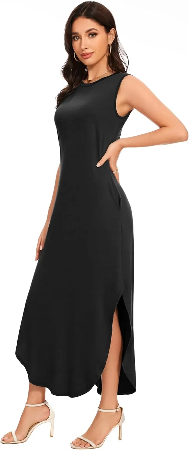 Women's Loose Sundress Long Dress Sleeveless Split Maxi Dresses 2025 Summer Beach Dress with Pockets