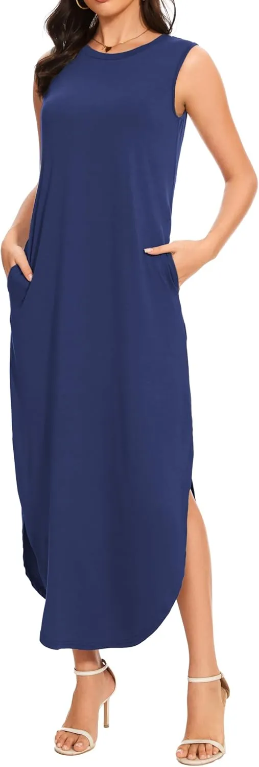 Women's Loose Sundress Long Dress Sleeveless Split Maxi Dresses 2025 Summer Beach Dress with Pockets