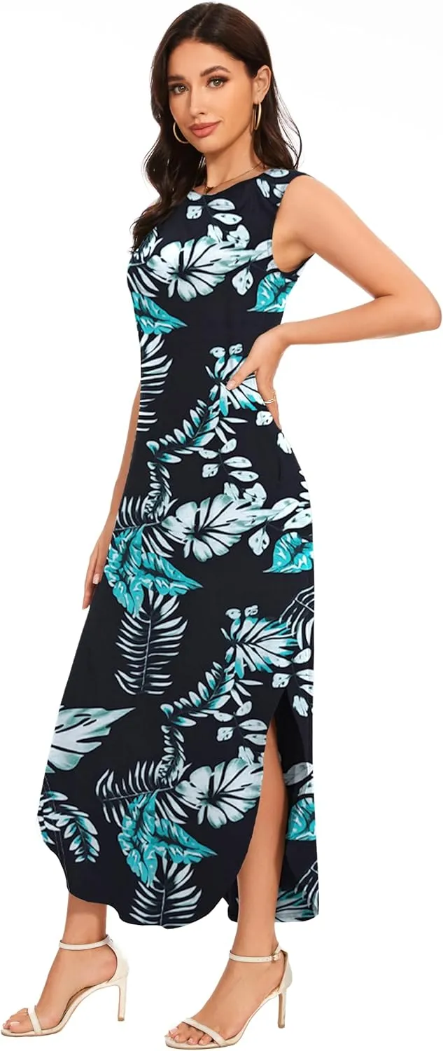 Women's Loose Sundress Long Dress Sleeveless Split Maxi Dresses 2025 Summer Beach Dress with Pockets