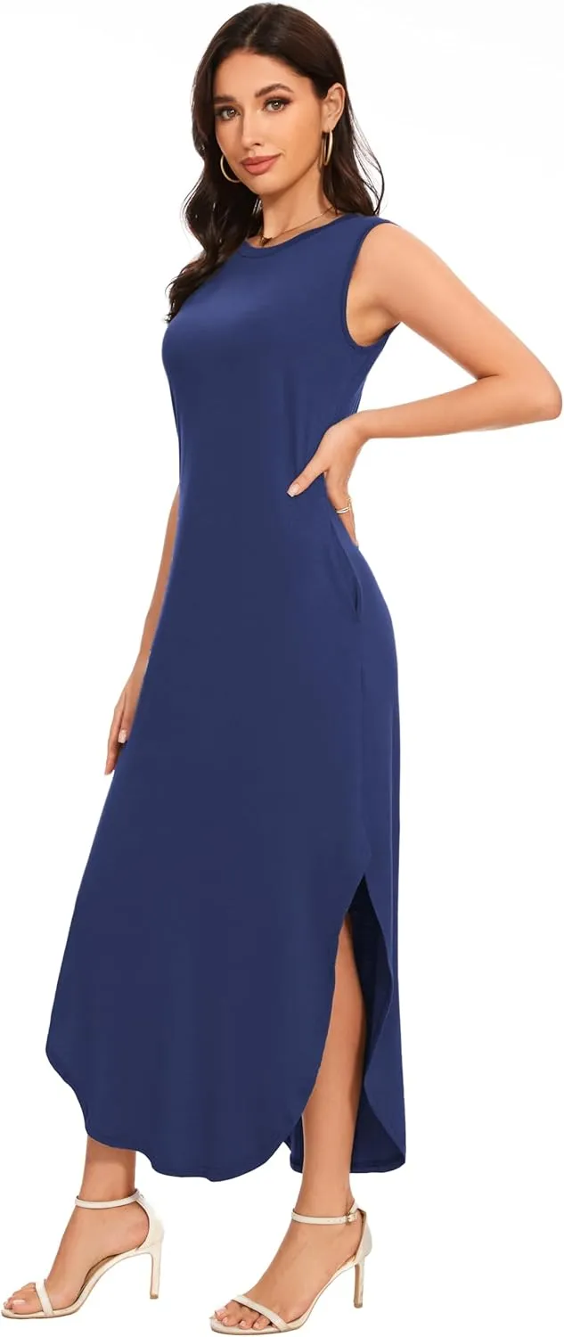 Women's Loose Sundress Long Dress Sleeveless Split Maxi Dresses 2025 Summer Beach Dress with Pockets