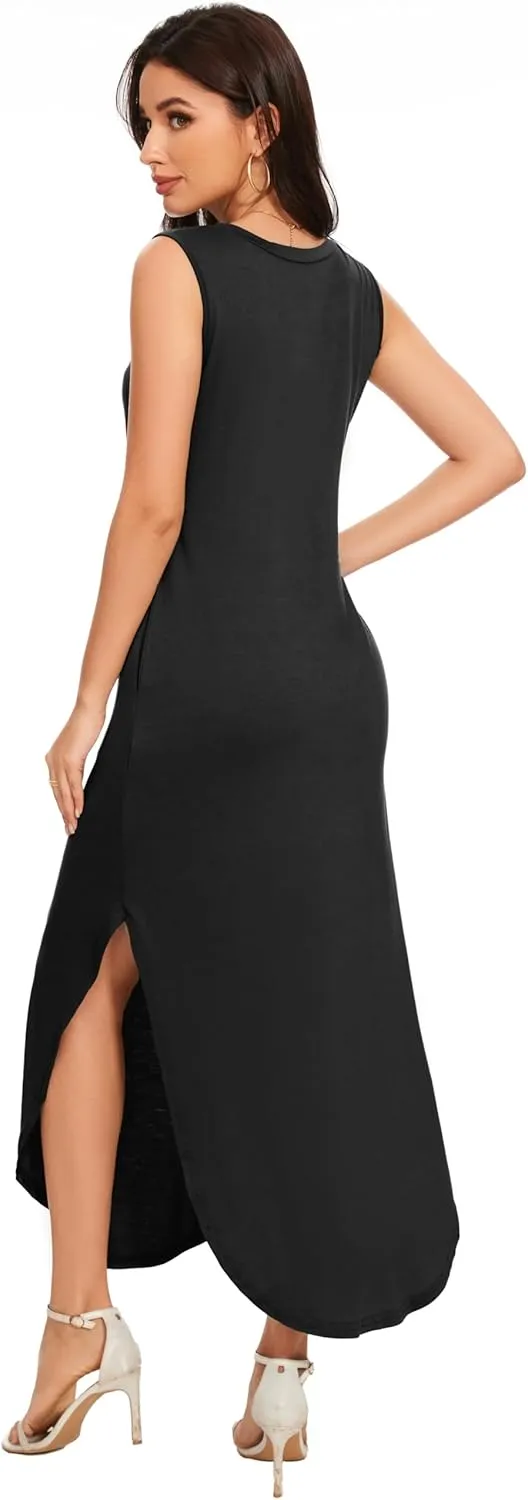 Women's Loose Sundress Long Dress Sleeveless Split Maxi Dresses 2025 Summer Beach Dress with Pockets