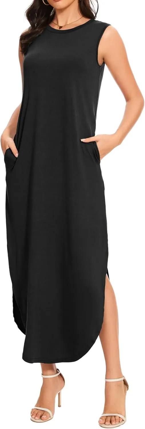 Women's Loose Sundress Long Dress Sleeveless Split Maxi Dresses 2025 Summer Beach Dress with Pockets