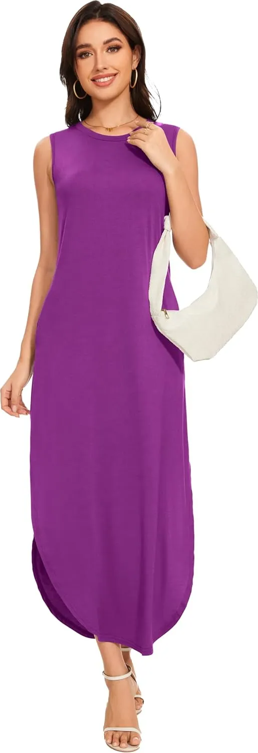 Women's Loose Sundress Long Dress Sleeveless Split Maxi Dresses 2025 Summer Beach Dress with Pockets