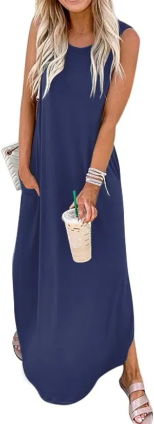 Women's Loose Sundress Long Dress Sleeveless Split Maxi Dresses 2025 Summer Beach Dress with Pockets