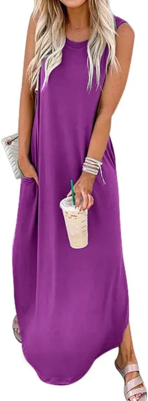 Women's Loose Sundress Long Dress Sleeveless Split Maxi Dresses 2025 Summer Beach Dress with Pockets