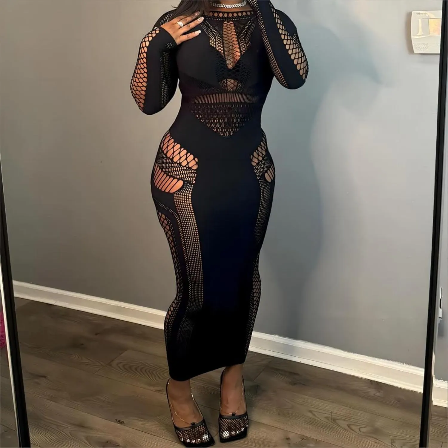 Women's Sexy Hollow Out Long Sleeves See Through Club One Piece Mesh Bodycon Maxi Dress