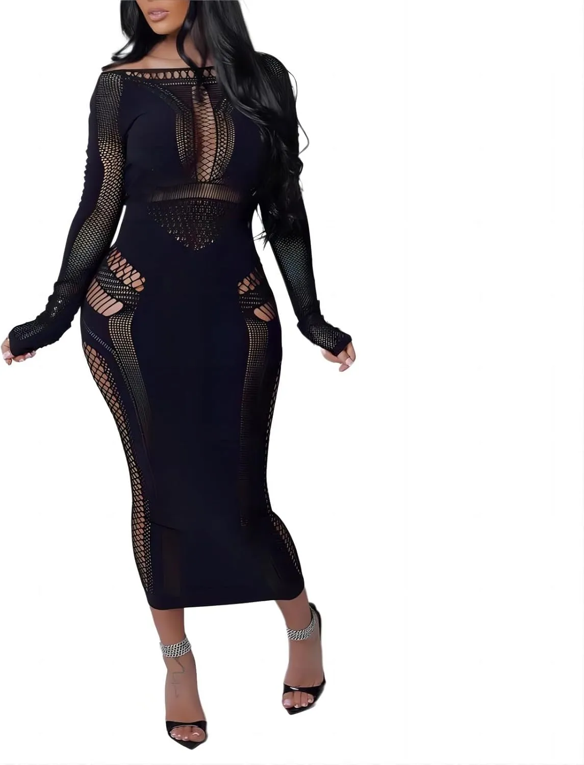 Women's Sexy Hollow Out Long Sleeves See Through Club One Piece Mesh Bodycon Maxi Dress