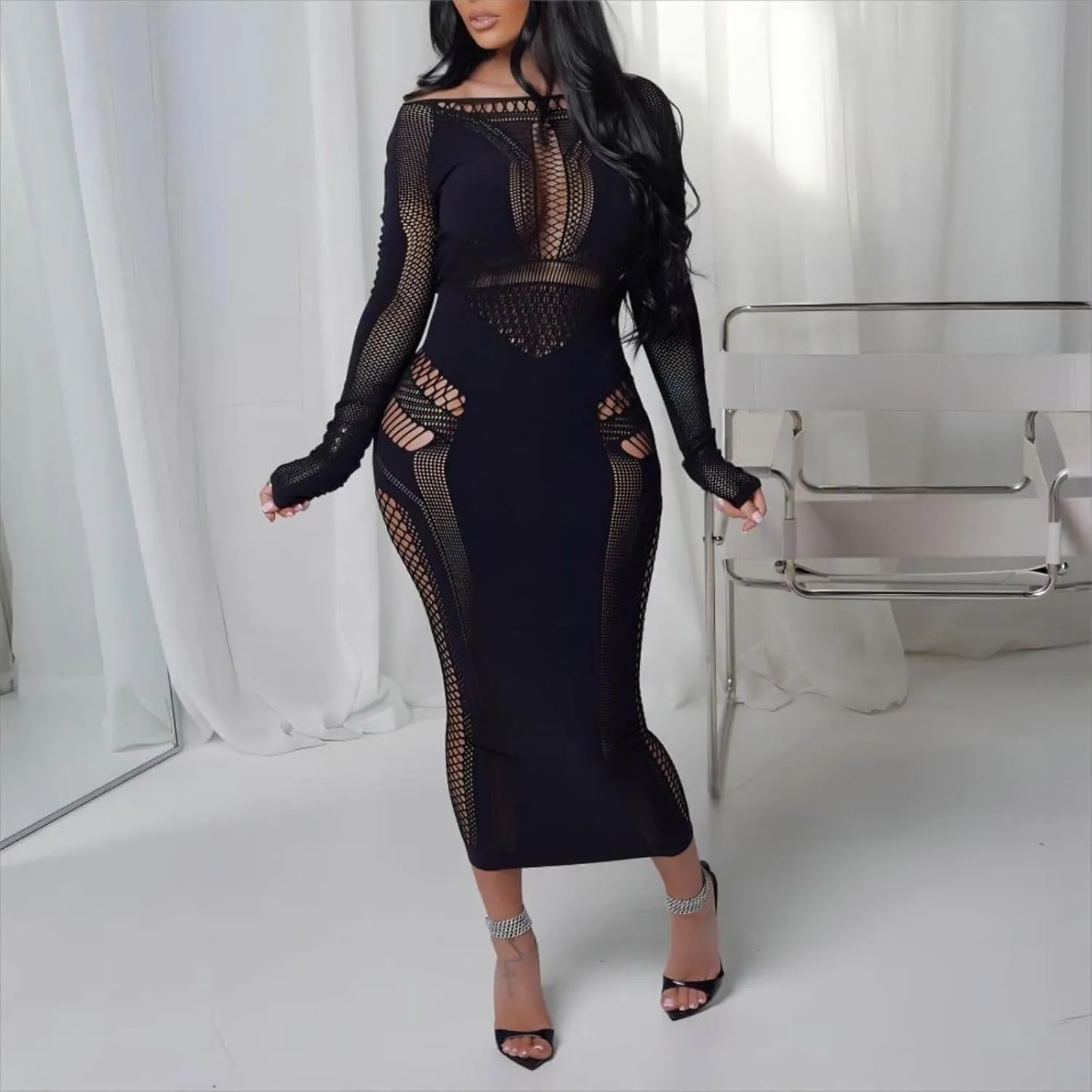 Women's Sexy Hollow Out Long Sleeves See Through Club One Piece Mesh Bodycon Maxi Dress