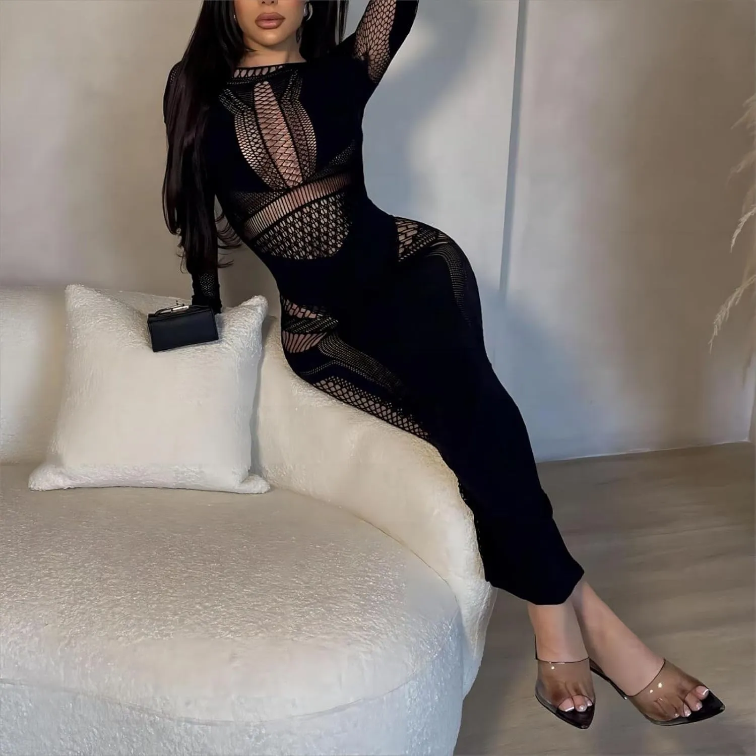 Women's Sexy Hollow Out Long Sleeves See Through Club One Piece Mesh Bodycon Maxi Dress