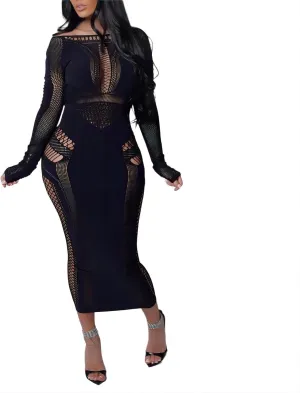 Women's Sexy Hollow Out Long Sleeves See Through Club One Piece Mesh Bodycon Maxi Dress