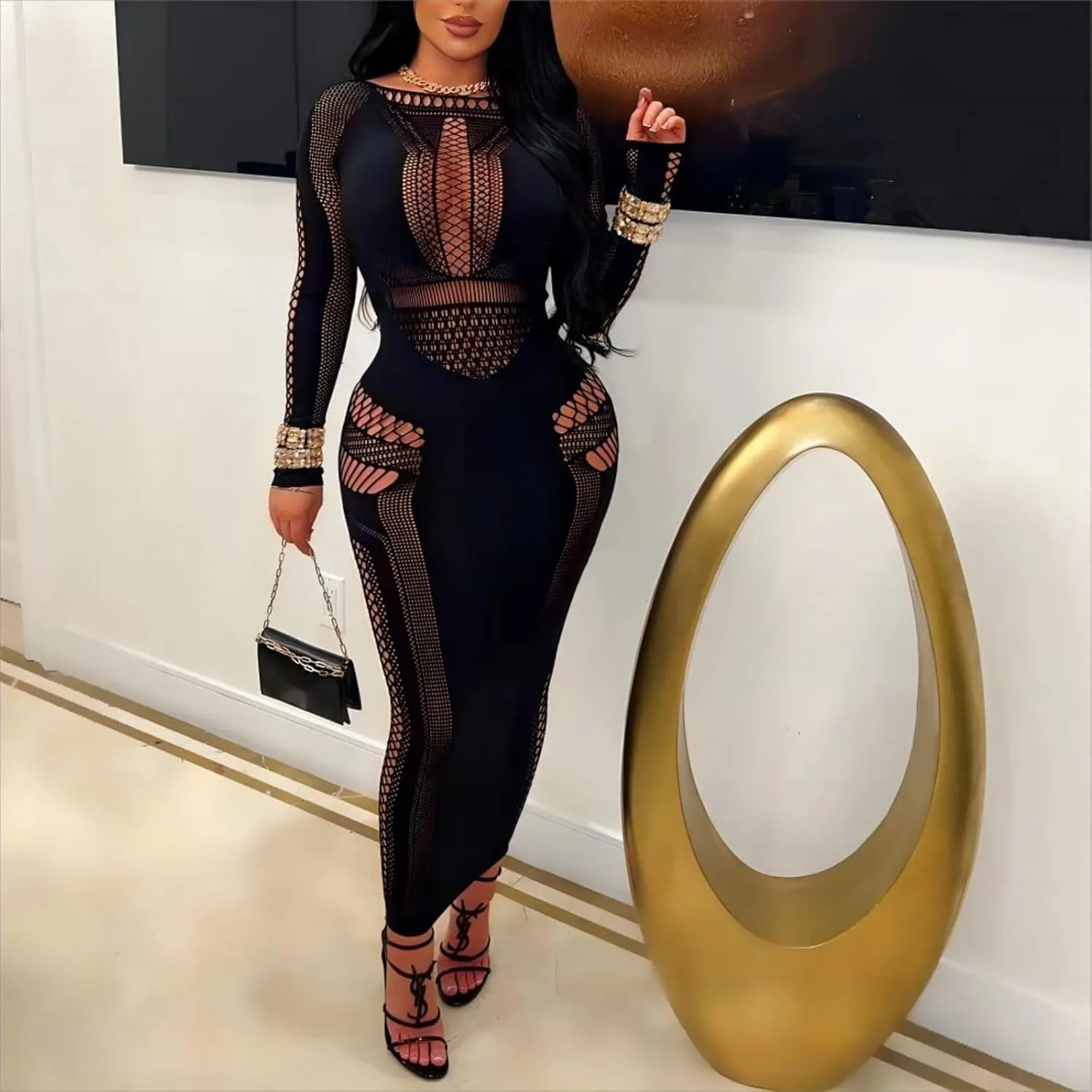 Women's Sexy Hollow Out Long Sleeves See Through Club One Piece Mesh Bodycon Maxi Dress