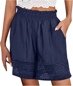 Women's Shorts Drawstring High Waist Cotton Shorts Pull on Hiking Cargo Shorts Cotton Wide Leg Pants Ropa Deportiva