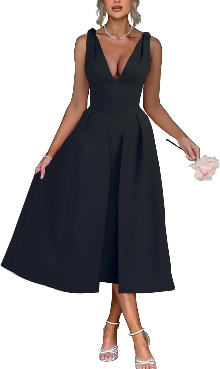 Womens Sleeveless Deep V Neck 1950s Retro Vintage Cocktail Wedding Guest Party A-Line Swing Maxi Dresses