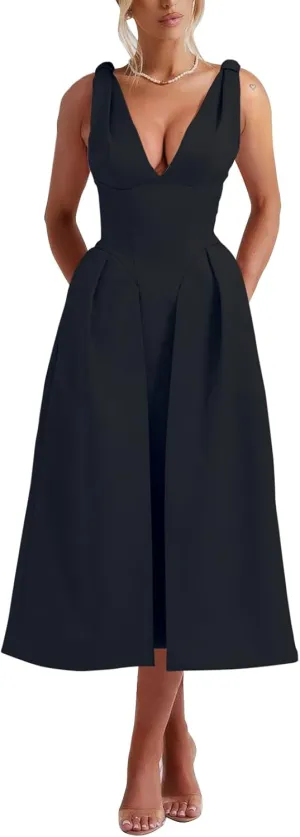 Womens Sleeveless Deep V Neck 1950s Retro Vintage Cocktail Wedding Guest Party A-Line Swing Maxi Dresses