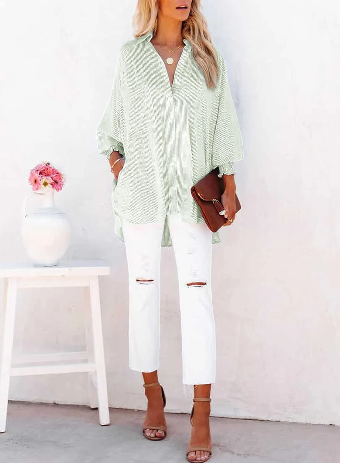Womens Smocked Cuffed Striped Boyfriend Shirt Casual Collar Long Sleeve Oversized Button Down Blouse Tops with Pocket Shirred