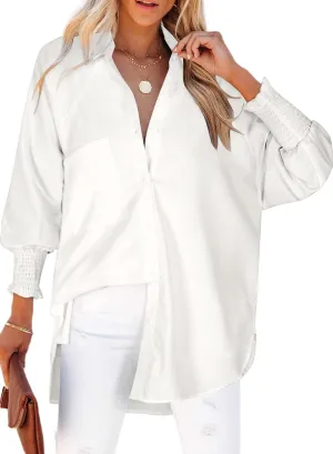 Womens Smocked Cuffed Striped Boyfriend Shirt Casual Collar Long Sleeve Oversized Button Down Blouse Tops with Pocket Shirred