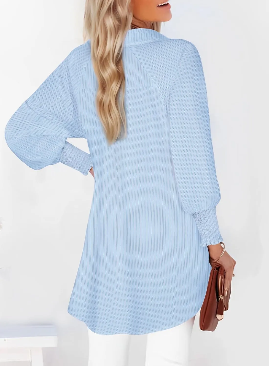 Womens Smocked Cuffed Striped Boyfriend Shirt Casual Collar Long Sleeve Oversized Button Down Blouse Tops with Pocket Shirred