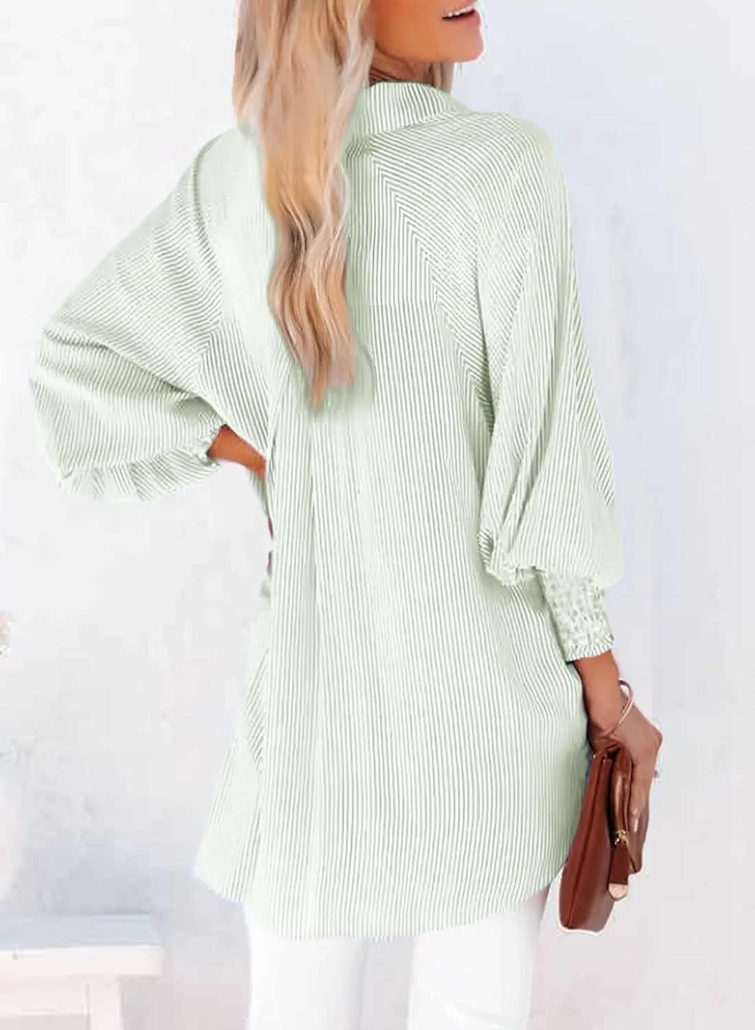 Womens Smocked Cuffed Striped Boyfriend Shirt Casual Collar Long Sleeve Oversized Button Down Blouse Tops with Pocket Shirred