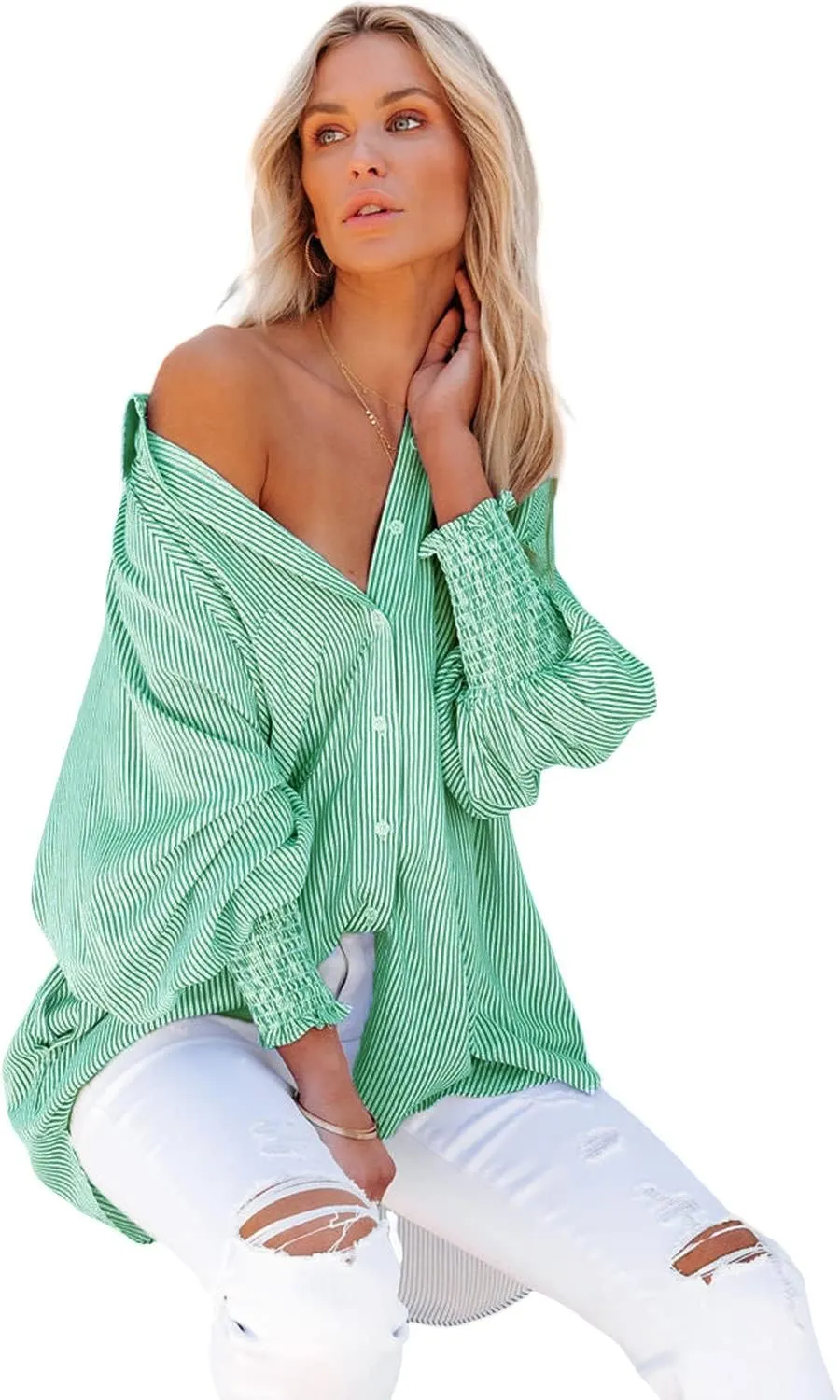 Womens Smocked Cuffed Striped Boyfriend Shirt Casual Collar Long Sleeve Oversized Button Down Blouse Tops with Pocket Shirred