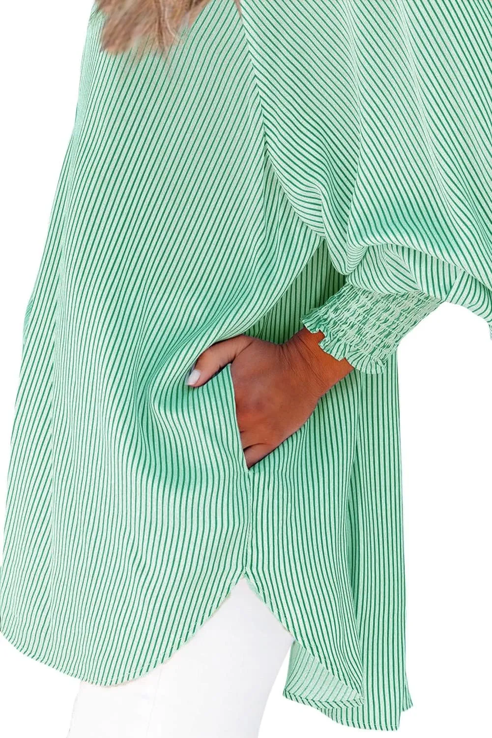Womens Smocked Cuffed Striped Boyfriend Shirt Casual Collar Long Sleeve Oversized Button Down Blouse Tops with Pocket Shirred