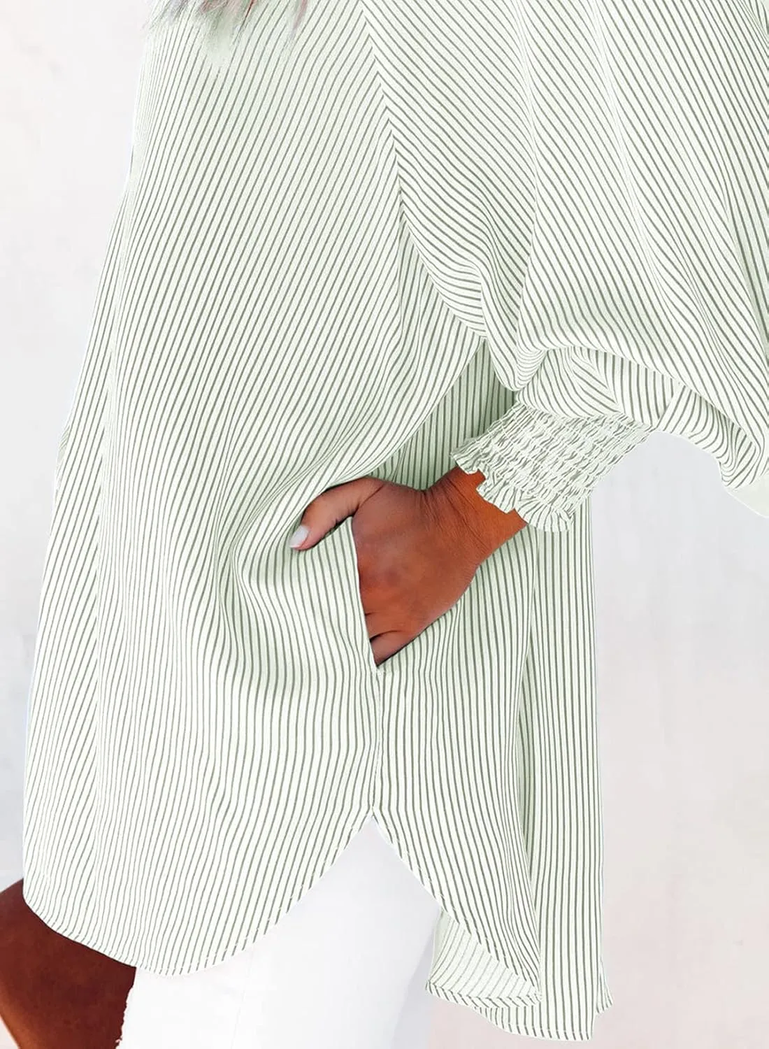 Womens Smocked Cuffed Striped Boyfriend Shirt Casual Collar Long Sleeve Oversized Button Down Blouse Tops with Pocket Shirred