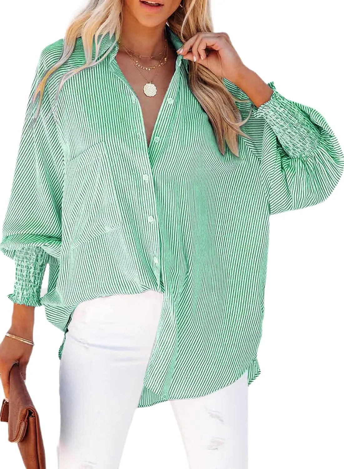 Womens Smocked Cuffed Striped Boyfriend Shirt Casual Collar Long Sleeve Oversized Button Down Blouse Tops with Pocket Shirred
