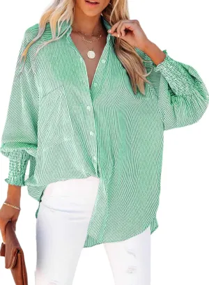 Womens Smocked Cuffed Striped Boyfriend Shirt Casual Collar Long Sleeve Oversized Button Down Blouse Tops with Pocket Shirred