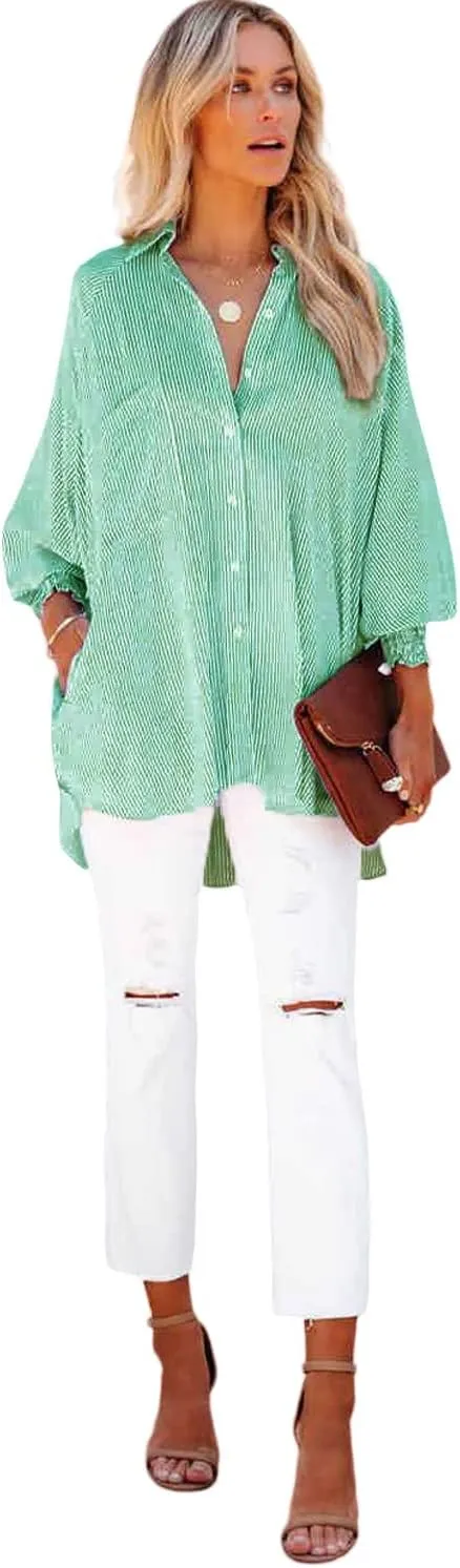 Womens Smocked Cuffed Striped Boyfriend Shirt Casual Collar Long Sleeve Oversized Button Down Blouse Tops with Pocket Shirred