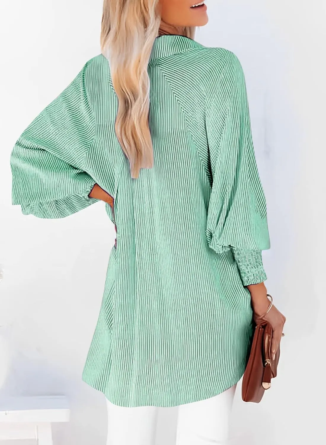 Womens Smocked Cuffed Striped Boyfriend Shirt Casual Collar Long Sleeve Oversized Button Down Blouse Tops with Pocket Shirred