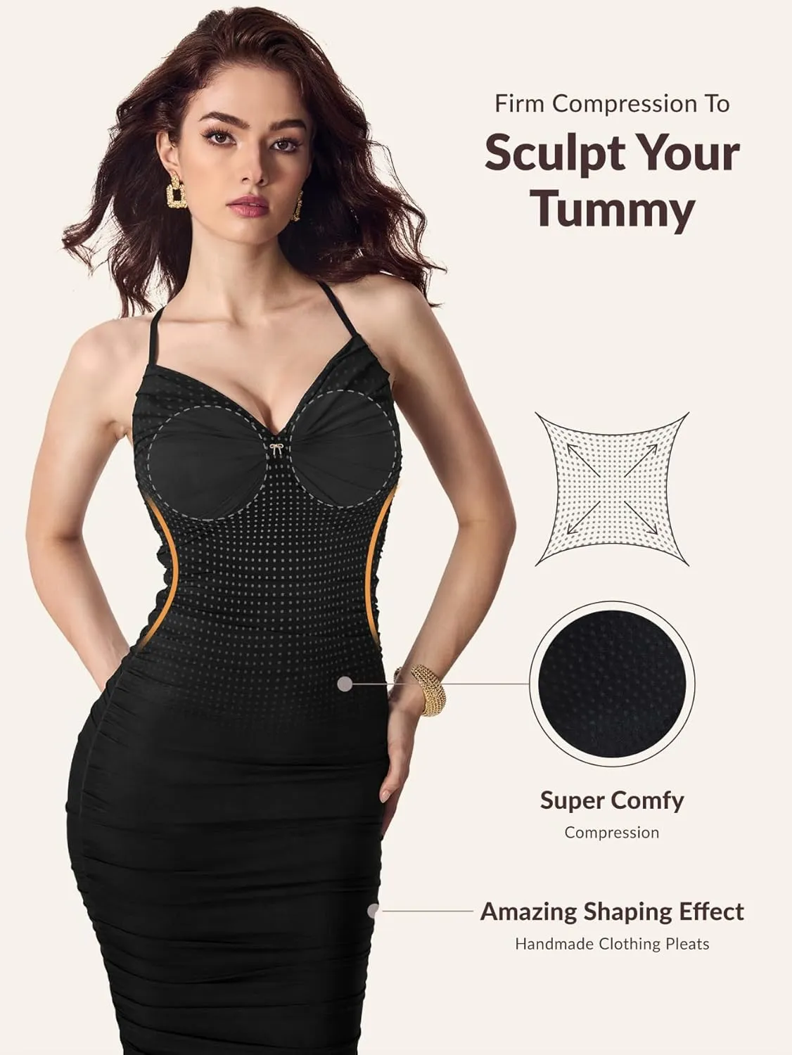 Womens Summer Ruched Mesh Bodycon Midi Dress, Built-in Bra and Shapewear, Deep V-Neck and Spaghetti Straps